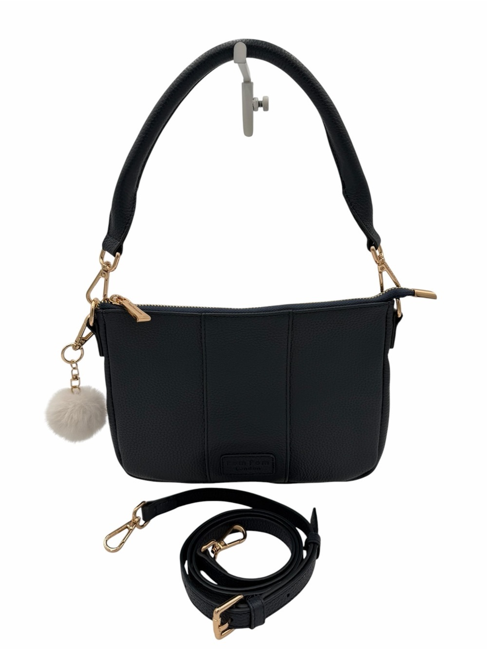 Pom Pom London Edgware Navy Pebbled Leather Crossbody & Shoulder Bag NWOT